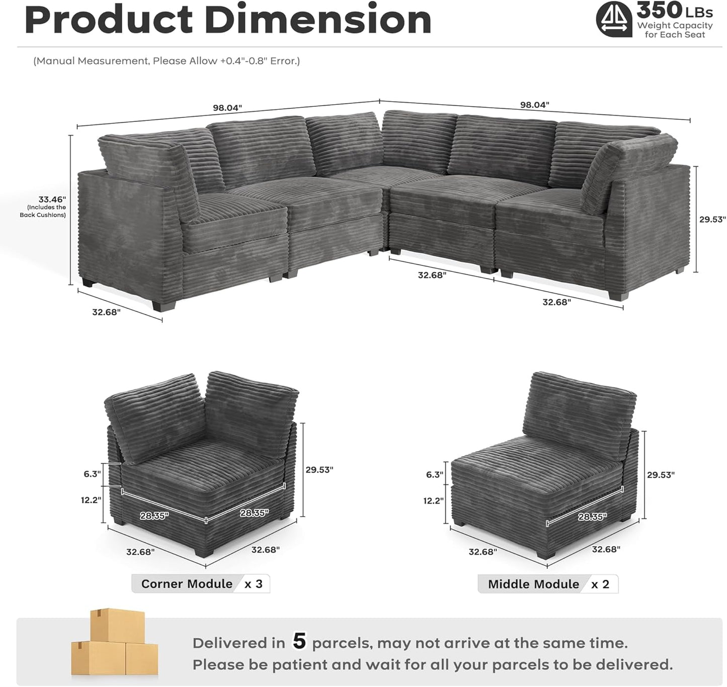ovios Sectional Sofa Couch with L-Shape Chaise Convertible, Comfy Modular Cloud Couches with Deep Seat, Modern Upholstered Plush Corduroy Sofas Set for Living Room, 5-Seater, Grey