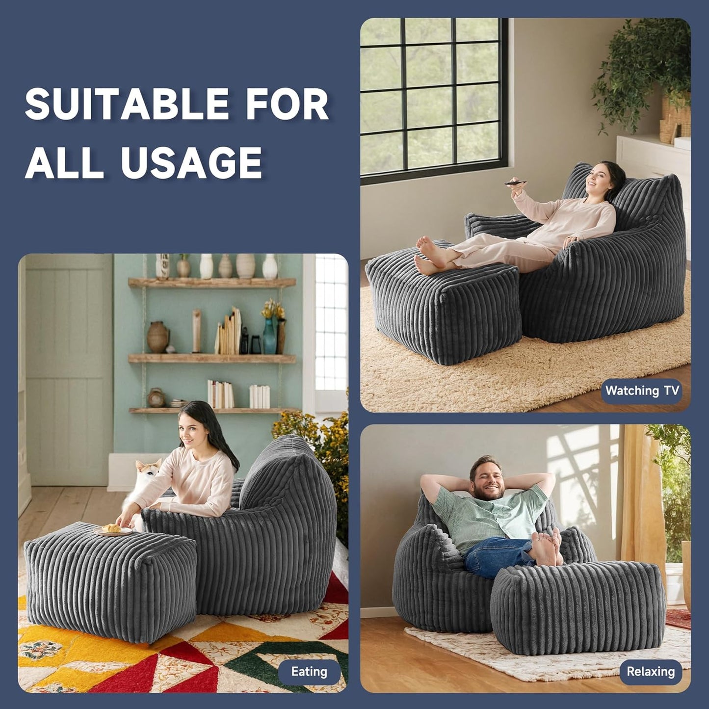 Giant Bean Bag Chairs for Adults, Oversized Chaise Lounge Chair Indoor with Memory Foam - Plush Boneless Lounger & Ottoman for Bedroom, Living Room, Gaming & Reading, Lazy Floor Sofa Chair, Gray