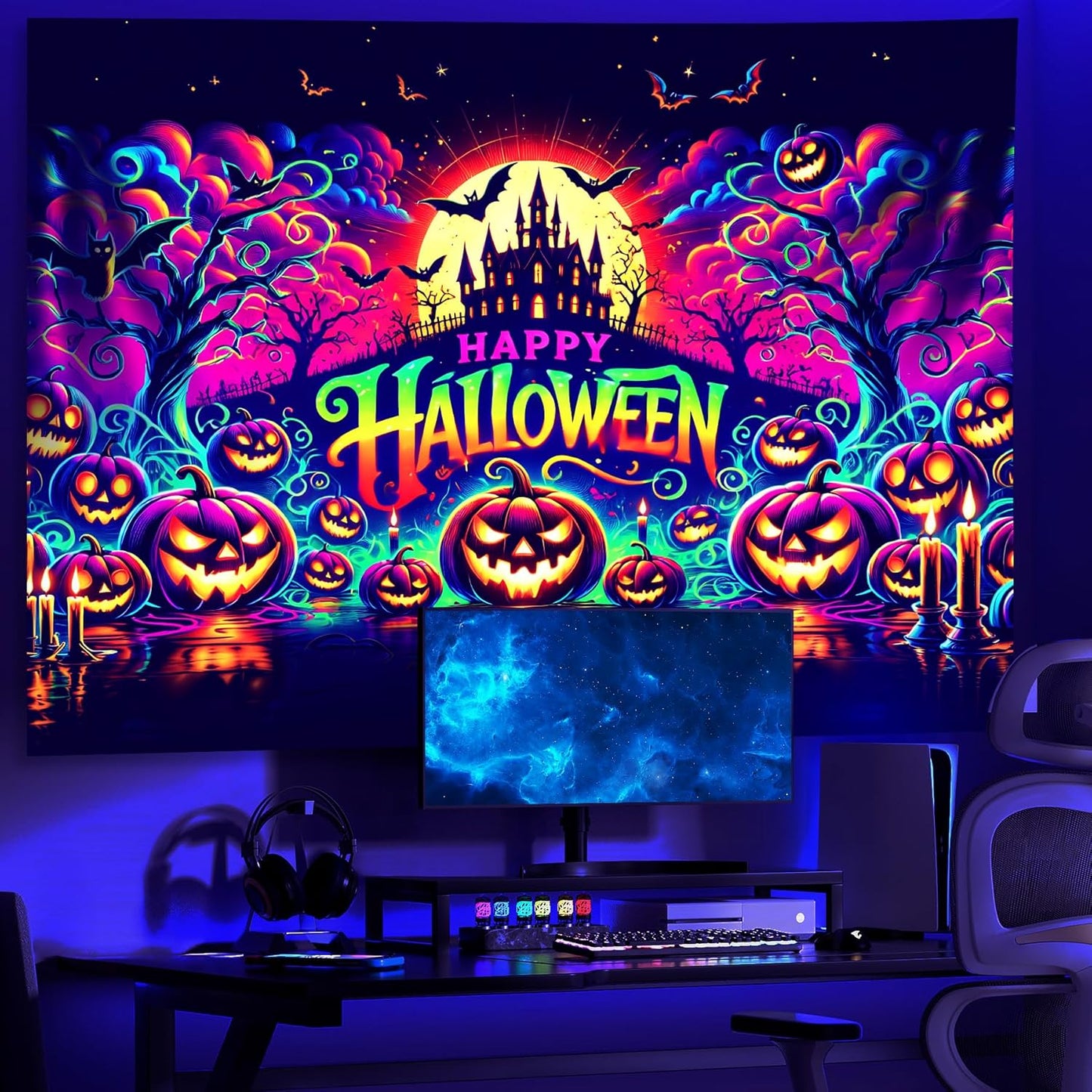 AOHMPT Glow-in-the-Dark Halloween Tapestry - UV Reactive Black Light Wall Hanging Decor for Spooky Parties, Bedroom, Living Room (Pumpkin-Castle, 79L x 59W, Unframed)