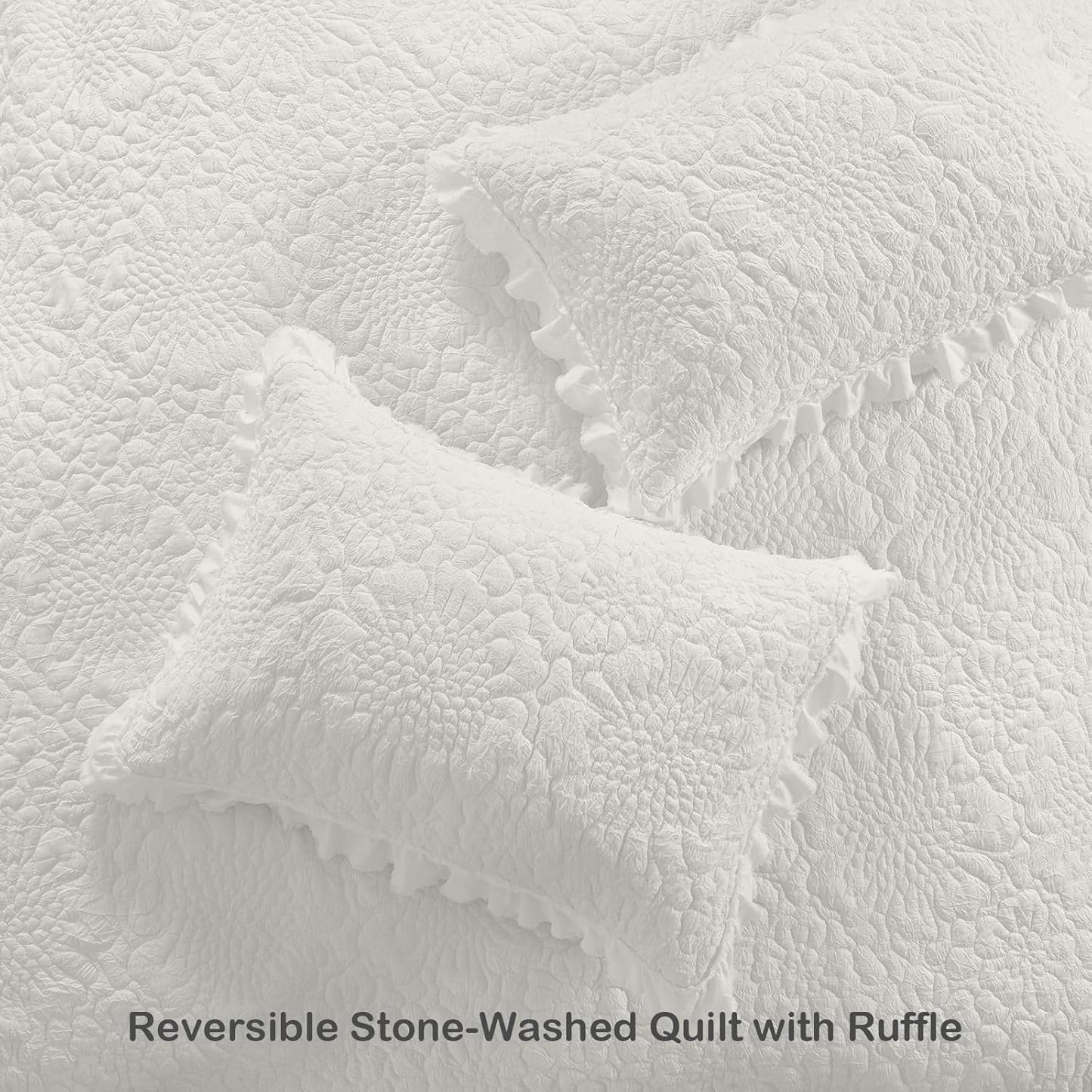 HORIMOTE HOME Cream White Ruffled Quilt King Size, Stone-Washed Microfiber Lightweight Crinkled Farmhouse Shabby Chic Bedding Set, 3 Pieces Reversible Bedspread with Pillow Shams for All Season
