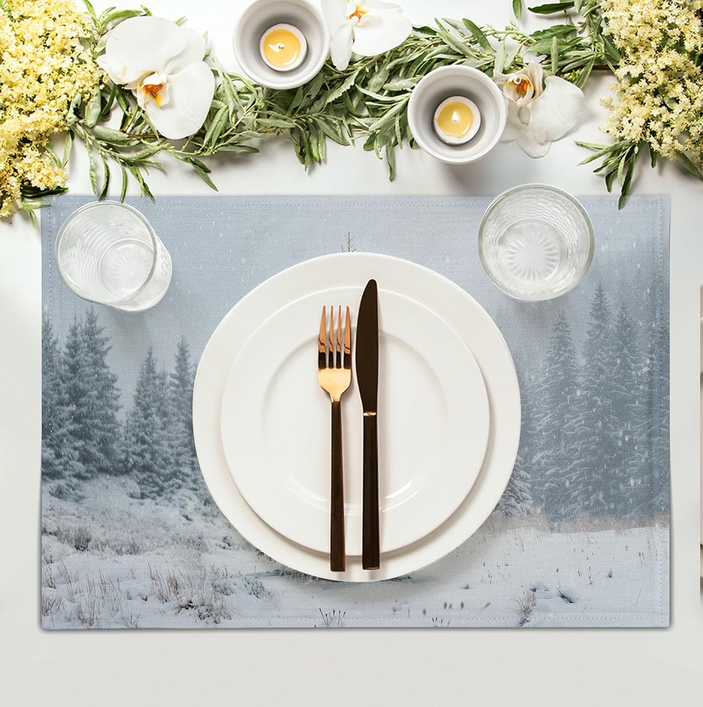 Winter Placemats Set of 4, 12x18 Inch Christmas Pine Tree Snowflake Linen Table Mats Seasonal Washable Farmhouse Place Mats for Kitchen Dining Xmas Holiday Party Decor