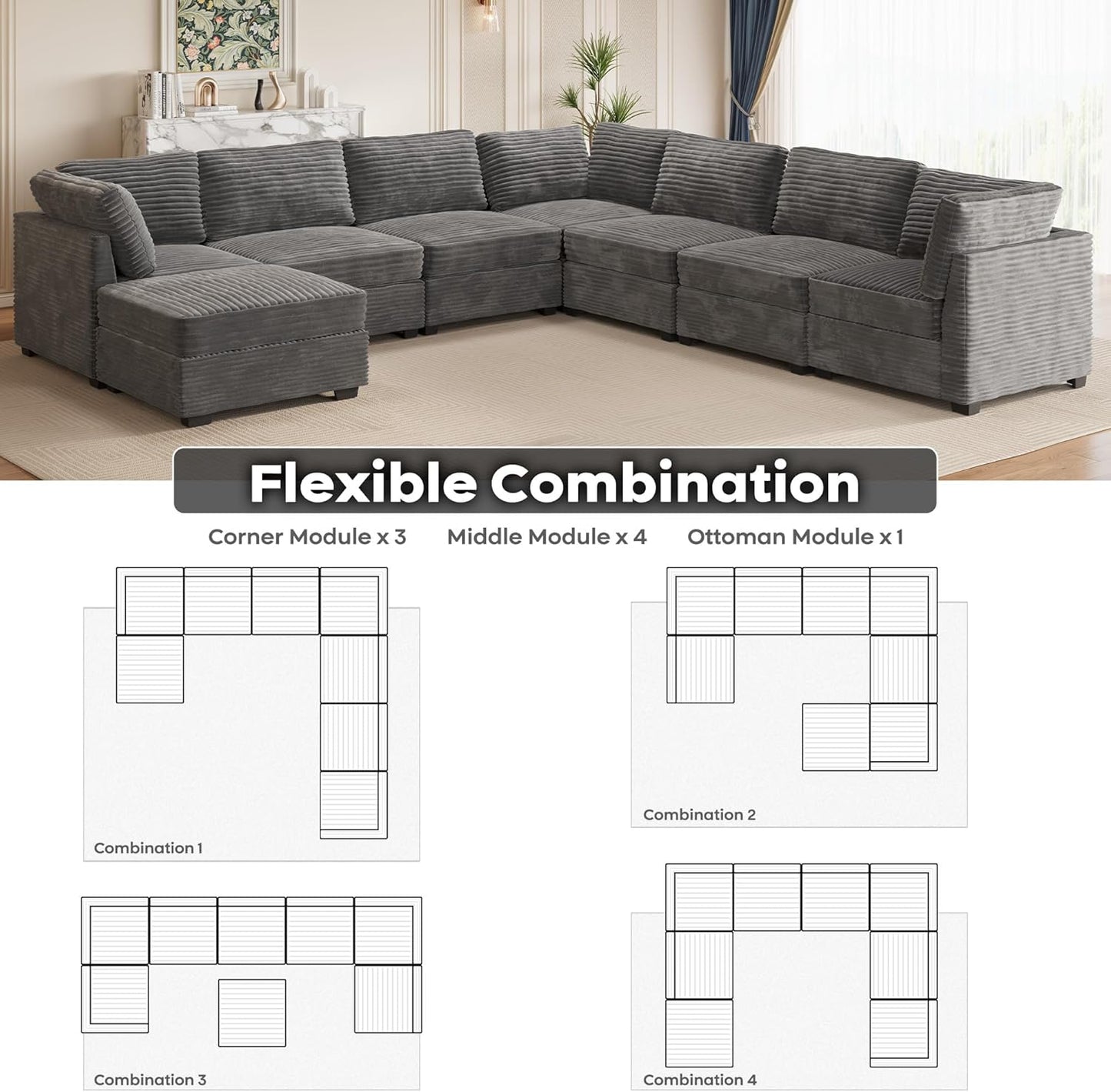 ovios Sectional Sofa Couch with L-Shape Chaise Ottoman, Comfy Modular Cloud Couches with Deep Seat, Modern Upholstered Plush Corduroy Sofas Set for Living Room, 8-Seater, Grey