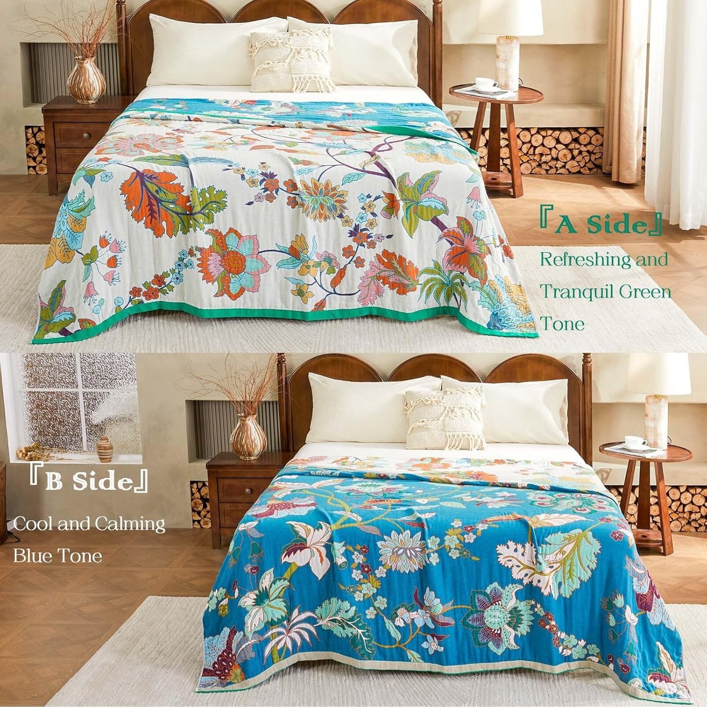 Summer Throw Blanket, 60"x80" Reversible Bohemian Flower Blanket, 100% Cotton Muslin Breathable Woven, Farmhouse Decorative Throw Blanket