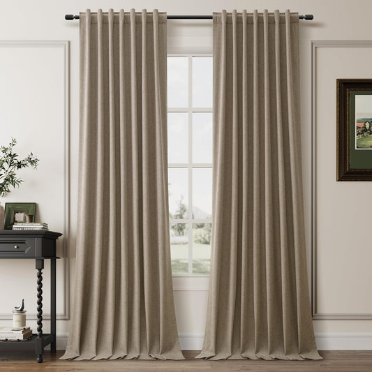 BOODII 108 Inch Black Out Curtains 2 Panels Set Back Tab Thermal Insulated Natural Linen Textured Blackout Curtains Noise Reducing Matcha Brown Neutral Living Room Darkening Window Drapes 52x108