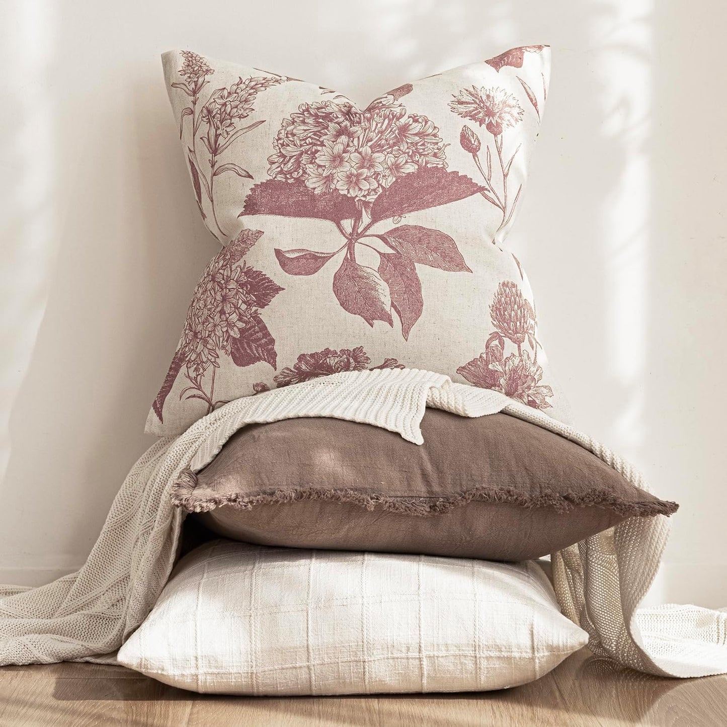 Foindtower Set of 2 Linen Floral Vintage Throw Pillow Covers Neutral Accent Decorative Cushion Covers Farmhouse Boho Home Decor for Sofa Chair Couch Bedroom Living Room Outdoor,20×20 Inch,Dark Pink