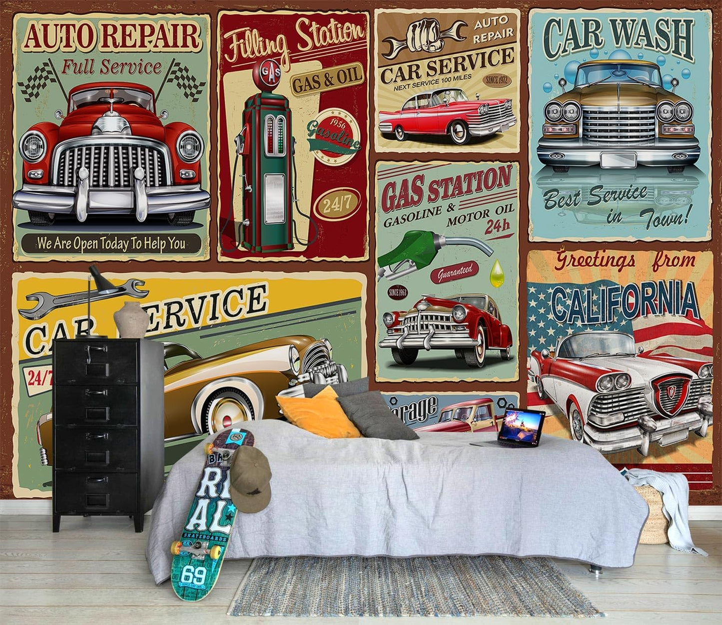 AFZEVEB-Car Poster Wallpaper Vintage Wall murals for Bedroom 114"x74" (Not Peel and Stick)