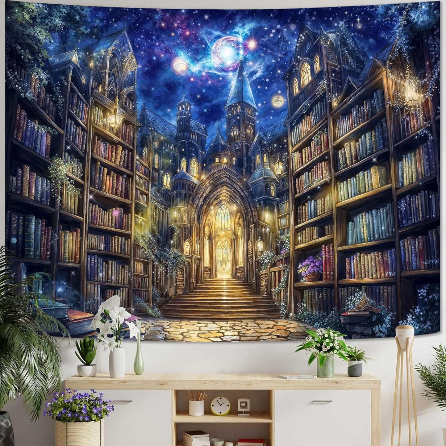 Accnicc Fantasy Bookshelf Tapestry Space Library Tapestries Wall Hanging Gothic Galaxy Castle Magic Book Large Tapestry for Bedroom Living Room Dorm Classroom 80 x 60 inch