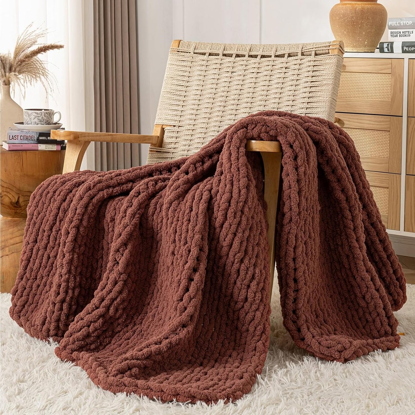Chunky Knit Blanket Throw, 100% Hand Knit Throw Blanket Handmade Chenille Cable Knit Throw for Couch, Stylish Cozy Soft Rope Knot Crochet Blanket for Home Decor, Copper Brown, 40x50 Inches