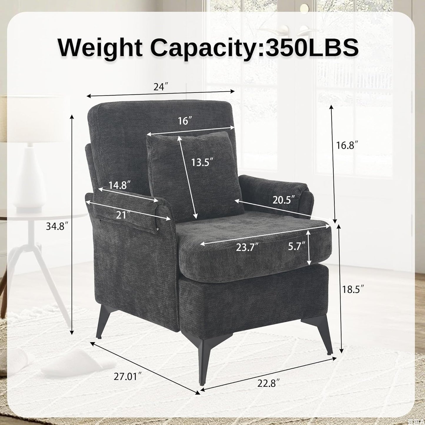 KCC Mid-Century Accent Chairs Set of 2,Chenille Modern Upholstered Single Sofa,Cozy Armchair with Back for Bedroom/Office/Cafe,Black