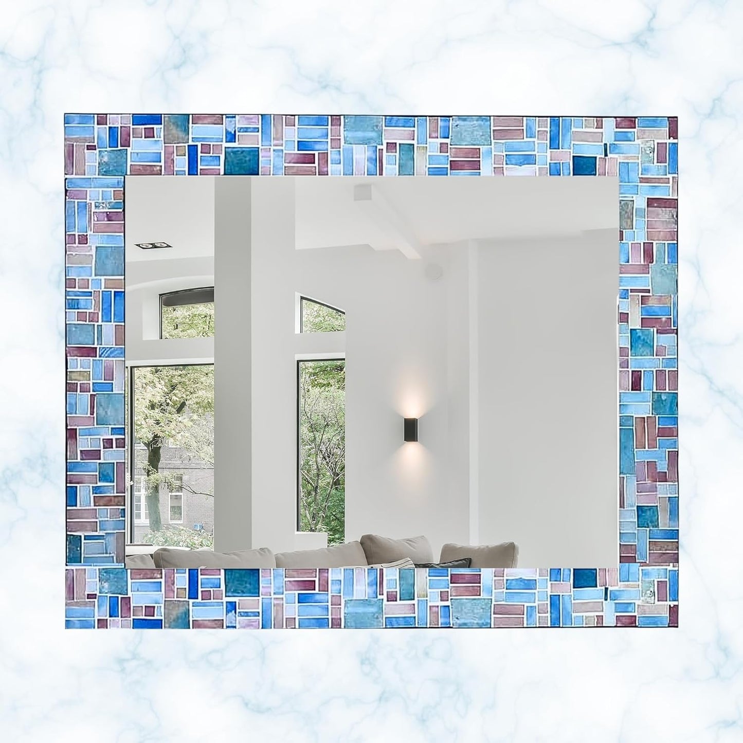 30x24 Rectangular Shape Iron Frame Wall Mirror with Glass Mosaic Tiles- Multi Blue for Vanity, Bathroom, Living Room, Home Decor