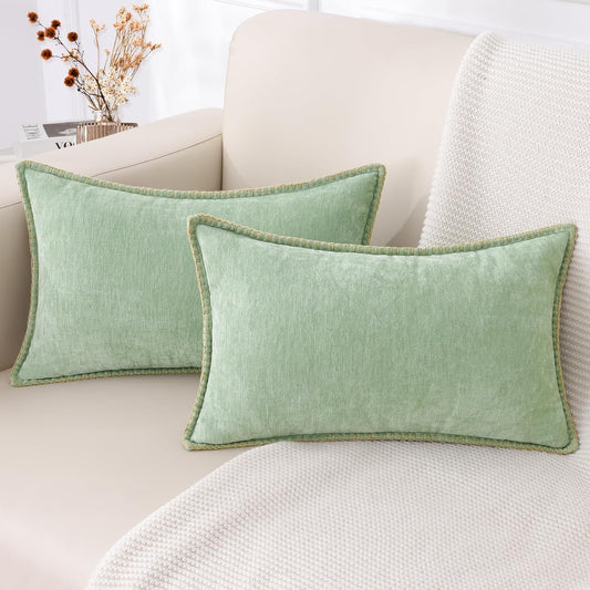decorUhome Chenille Soft Throw Pillow Covers 12x20 Set of 2, Lumbar Velvet Farmhouse Neutral Decorative Euro Pillow Covers with Stitched Edge for Couch Sofa Bed Home Decor, Sage Green