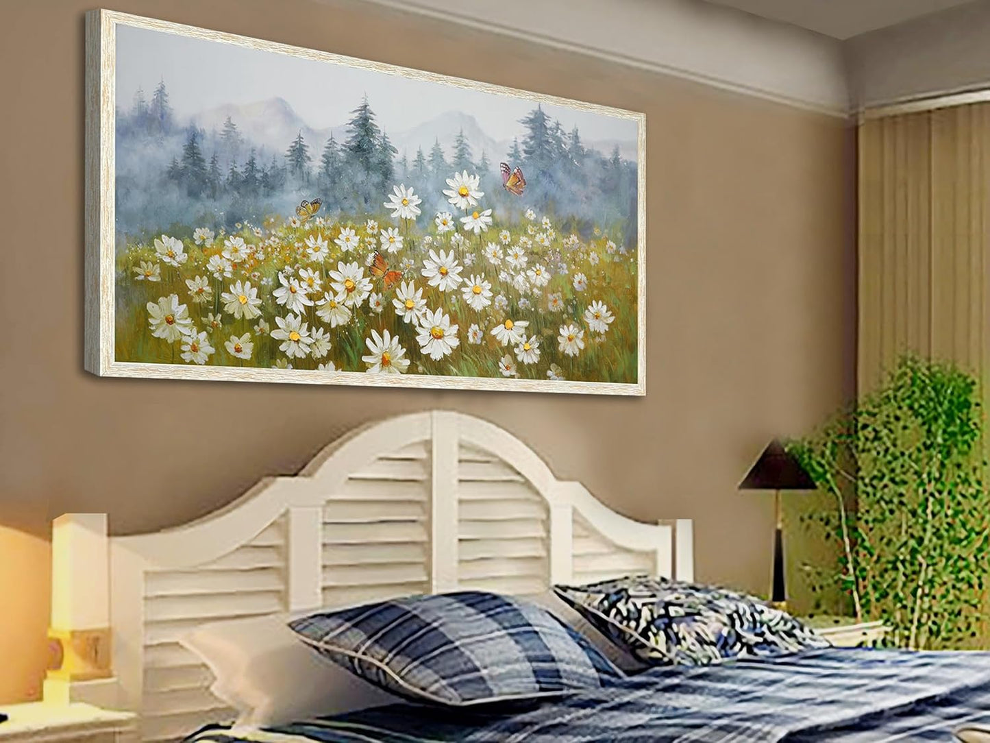 Arjun Flower Wall Art Canvas Landscape Daisy Painting Mountain Picture White Daisy Textured Floral Artwork for Living Room Bedroom Bathroom Office Home Wall Decor, Large Wood Grain Framed 48"x24"