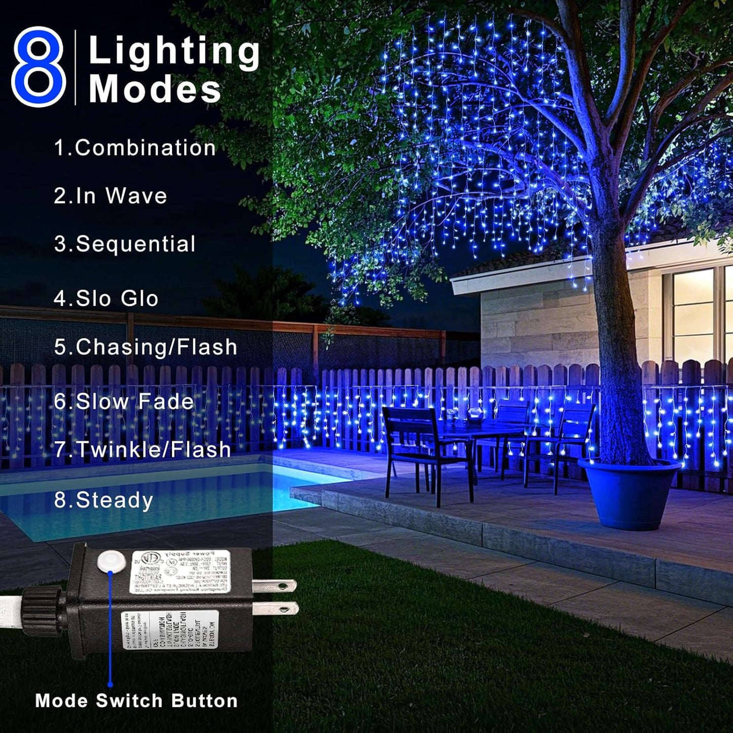 99ft Blue Christmas Lights Outdoor, 1216 LED Icicle Lights for Outside House with Clear Wire 8 Modes Timer, Plug in Waterproof for Home Holiday Eaves Yard Party Tree Room Wall Indoor Decoration