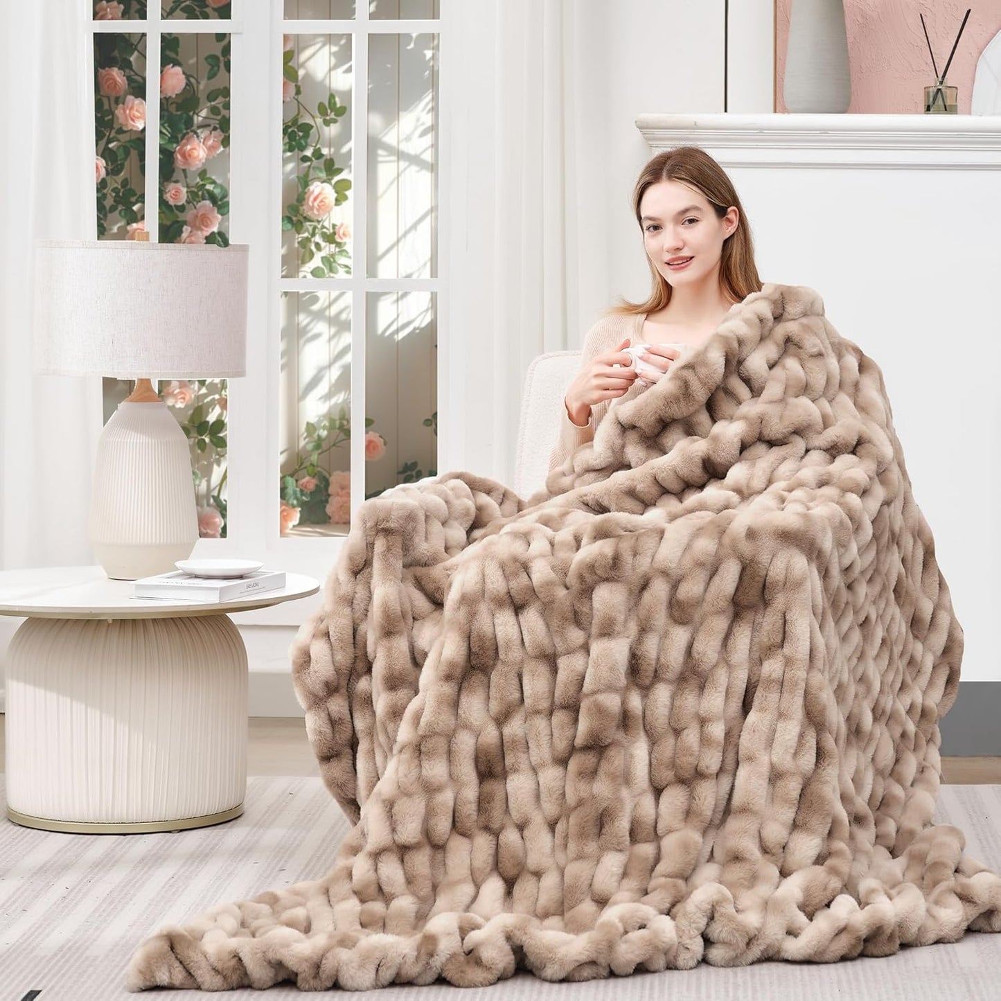 Touchat Ruched Faux Rabbit Fur Blanket, 700 GSM Luxury Dual-Sided Soft Cozy Blanket, Fuzzy Fluffy Plush Throw for Bed, Couch and Sofa - 60"x80", Tie-dye Brown