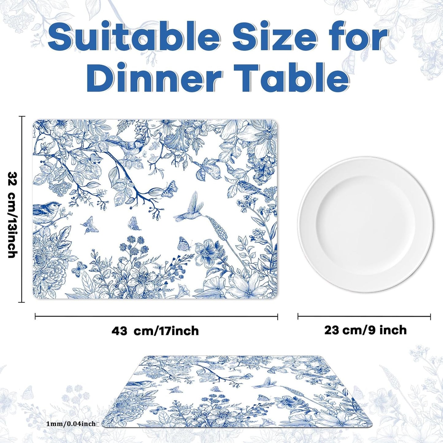 Blue Floral Placemats Set of 6 Flower Bird Plastic Table Mats Seasonal Spring Placemats Chinoiserie Place Mats Rustic Vintage Table Decoration for Indoor Outdoor Party Kitchen Dining