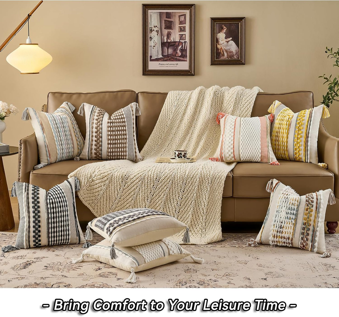 AmHoo Chenille Striped Textured Boho Throw Pillow Covers Aesthetic with Tassels Woven Decorative Pillow Case for Couch Bed Sofa Bedroom Modern Funky 18 x 18-Inch White Orange