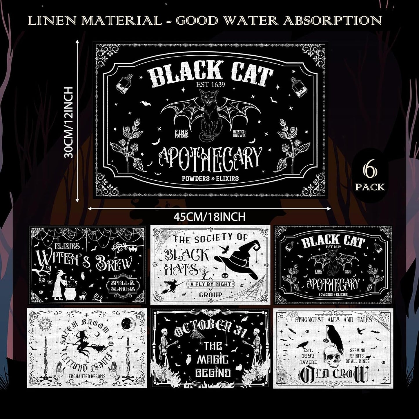 Umigy 6 Pcs Halloween Placemats 12"x18" Gothic Bat Placemats Kitchen Decoration Washable Witch Place Mats Rectangle Skull Table Mats for Halloween Dining Table Accessories(Black White Character Style)