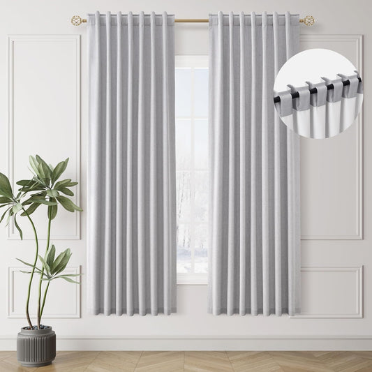 Light Grey Linen Blackout Curtains 72 Inches Long 2 Panels Set Back Tab Rod Pocket 100% Black Out Room Darkening Window Curtains Noise Reducing Gray Linen Textured Modern Heat Blocking Drapes 52x72