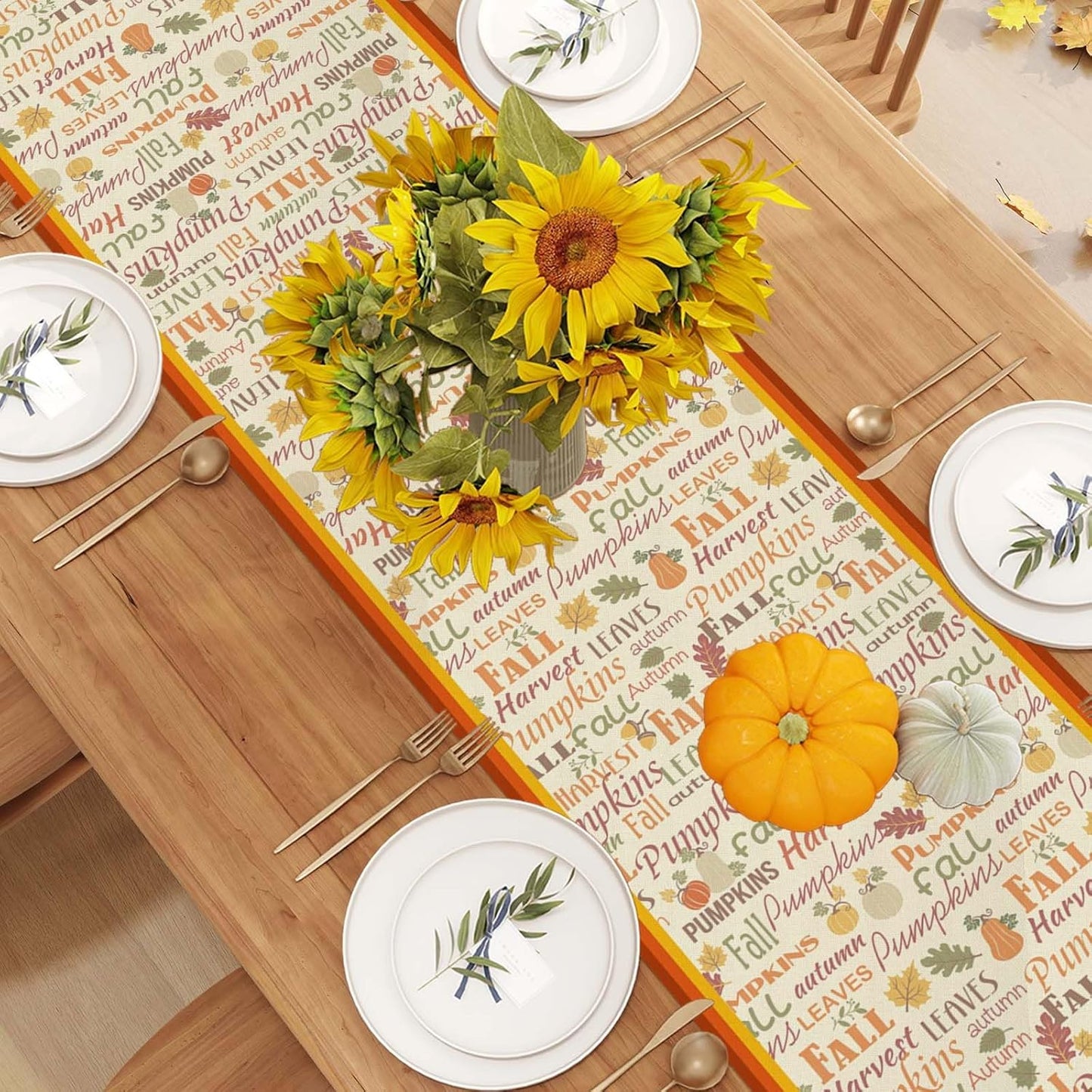 Linen Fall Table Runner - 60 Inch Farmhouse Fall Leaves Pumpkin Decor for Autumn Thanksgiving Home Kitchen Dining Room