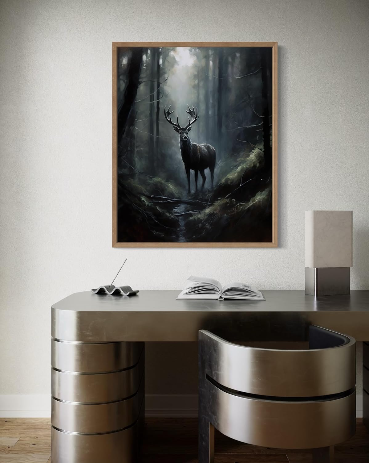 Deer in Forest Poster Art Print, Halloween Scary Vintage Wall Art Academia Spooky Painting Decoration for Horror Prints, Gothic Posters Bedroom Decor 89 (Deer in Forest, 8 x 10 inches, Wood Frame)