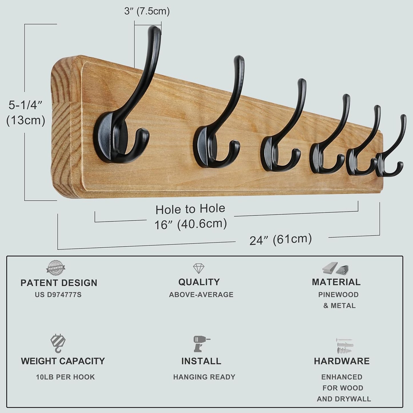 Dseap Wall Mounted Coat Rack: 24" Long, Patented, Heavy-Duty, 6-Double-Hooks Wooden Hanger Rail for Winter Coats, Hat, Jacket, Clothing - Weathered Brown, Pack of 2
