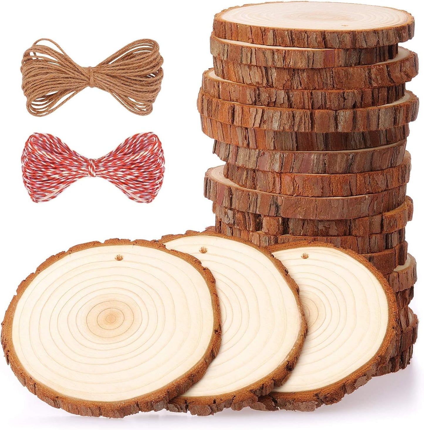 Fuyit Natural Wood Slices 20 Pcs 3.5-4 Inches Craft Wood Kit Unfinished Predrilled with Hole Wooden Circles Tree Slices for Arts and Crafts Christmas Ornaments DIY Crafts
