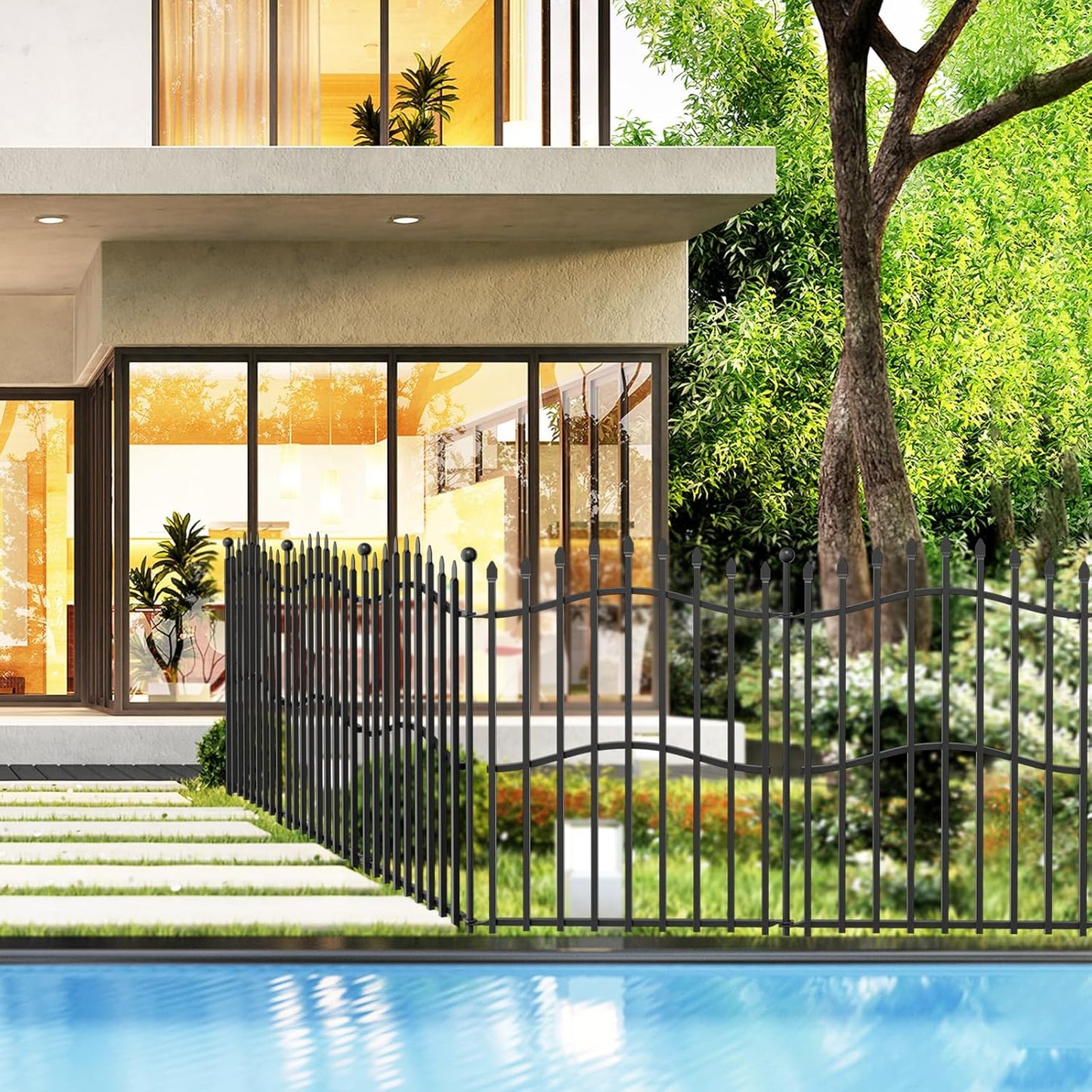 10 Panels No Dig Decorative Garden Fence with Gate - 32in H x 22.5ft L, Reinforced Square Tube Rustproof Tall Animal Barrier for Dogs & Rabbits, Outdoor Yard Border Fencing