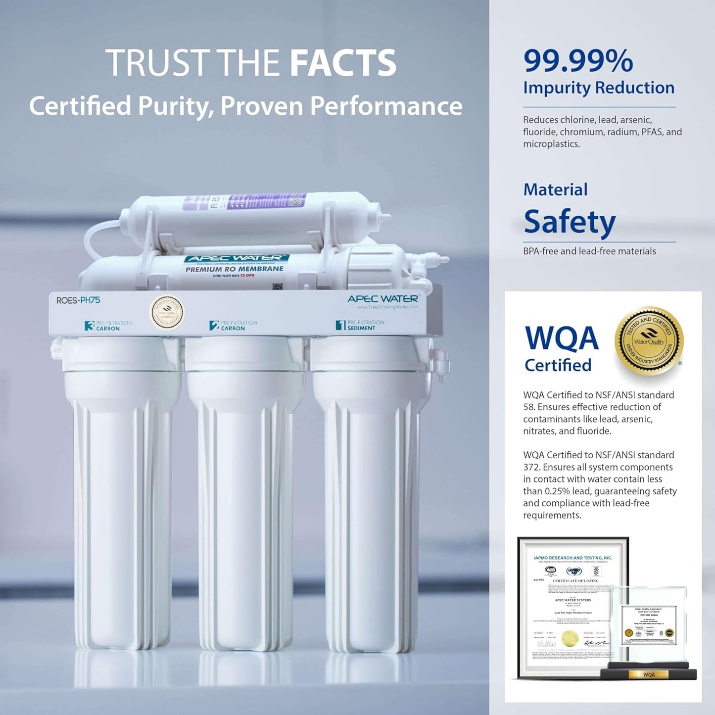 APEC Water Systems ROES-PH75 Essence Series Top Tier Alkaline Mineral pH+ 75 GPD 6-Stage Certified Ultra Safe Reverse Osmosis Drinking Water Filter System