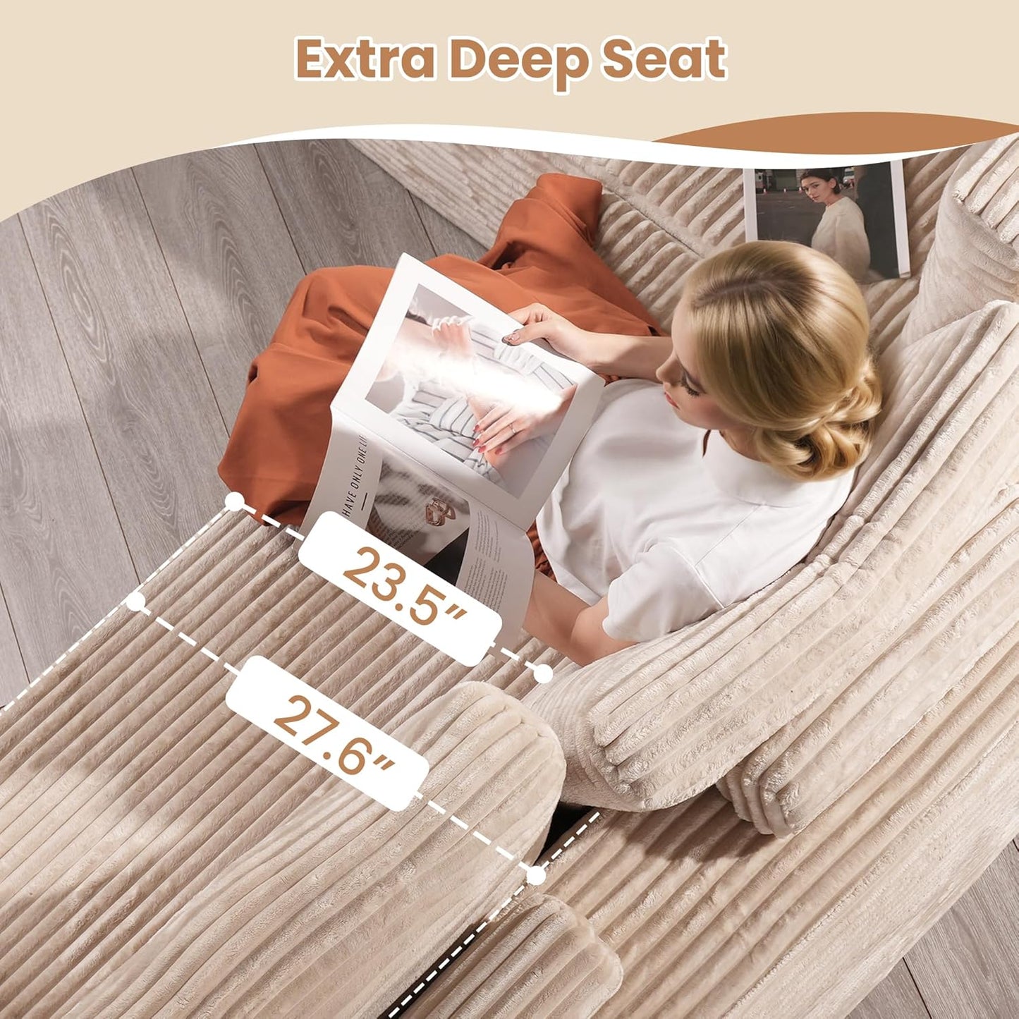 HOOOWOOO Cloud Sectional Couches for Living Room,Modular Sectional Sofa No Assembly,133X108 Inch Plush Corduroy Large U Shaped Floor Couch Set with Deep Seat Right Chaise(Beige)