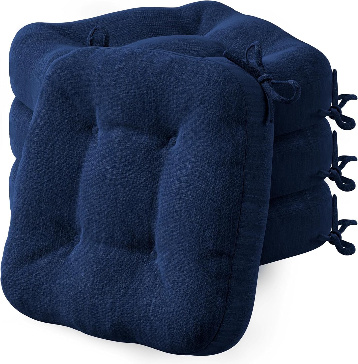Codi Thick Kitchen Chair Cushions, Chair Pads for Indoor Dining Room 4 Pack - Washable, Non-Slip 3-Layer Seat Cushion with Ties, 16.5"x16.5"x 3.5", Set of 4, Navy