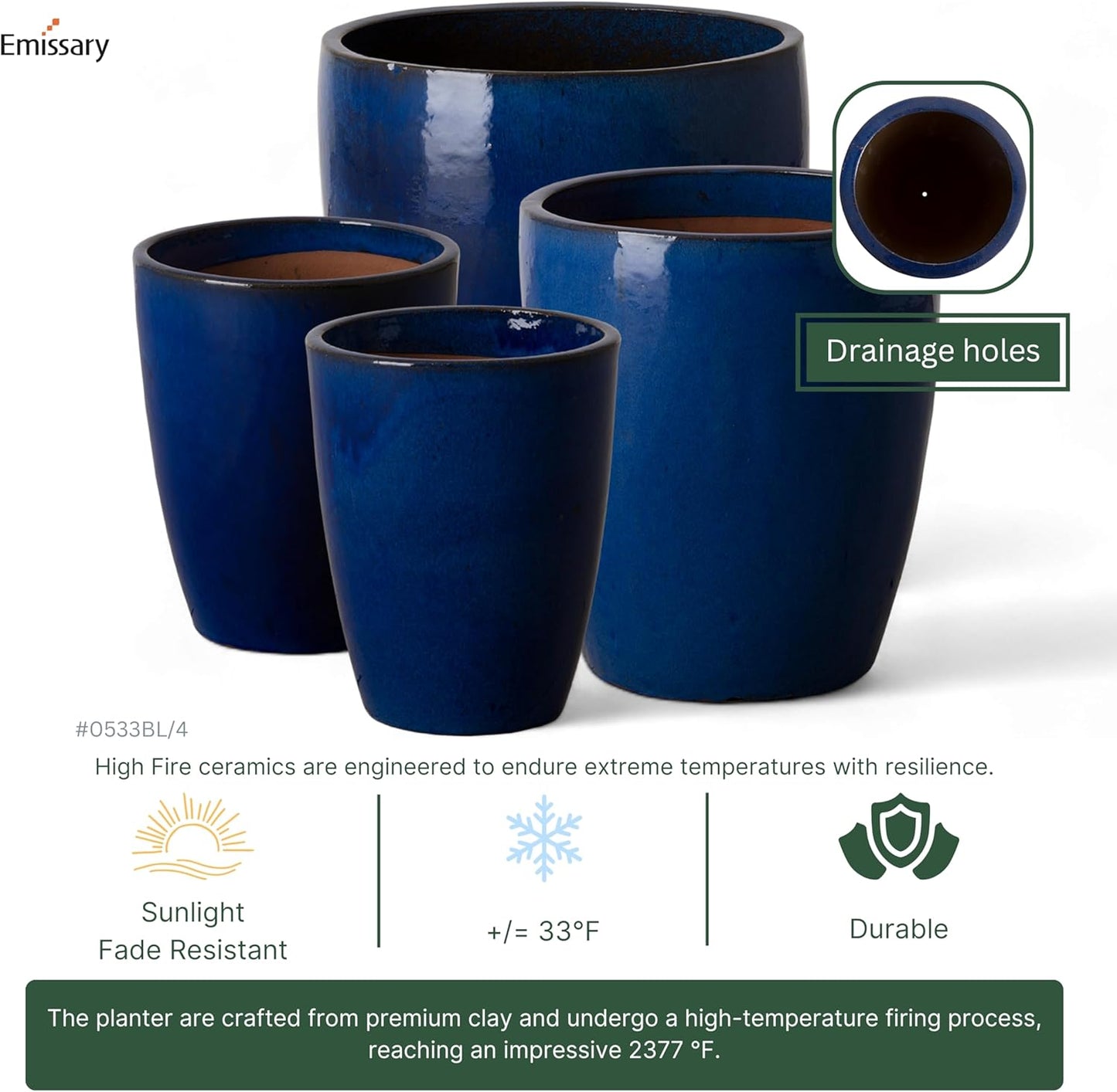 Emissary Bullet 14 in. Blue Ceramic Round Planter (14 in. L x 14 in. W x 15.5 in. H) with Drainage Hole