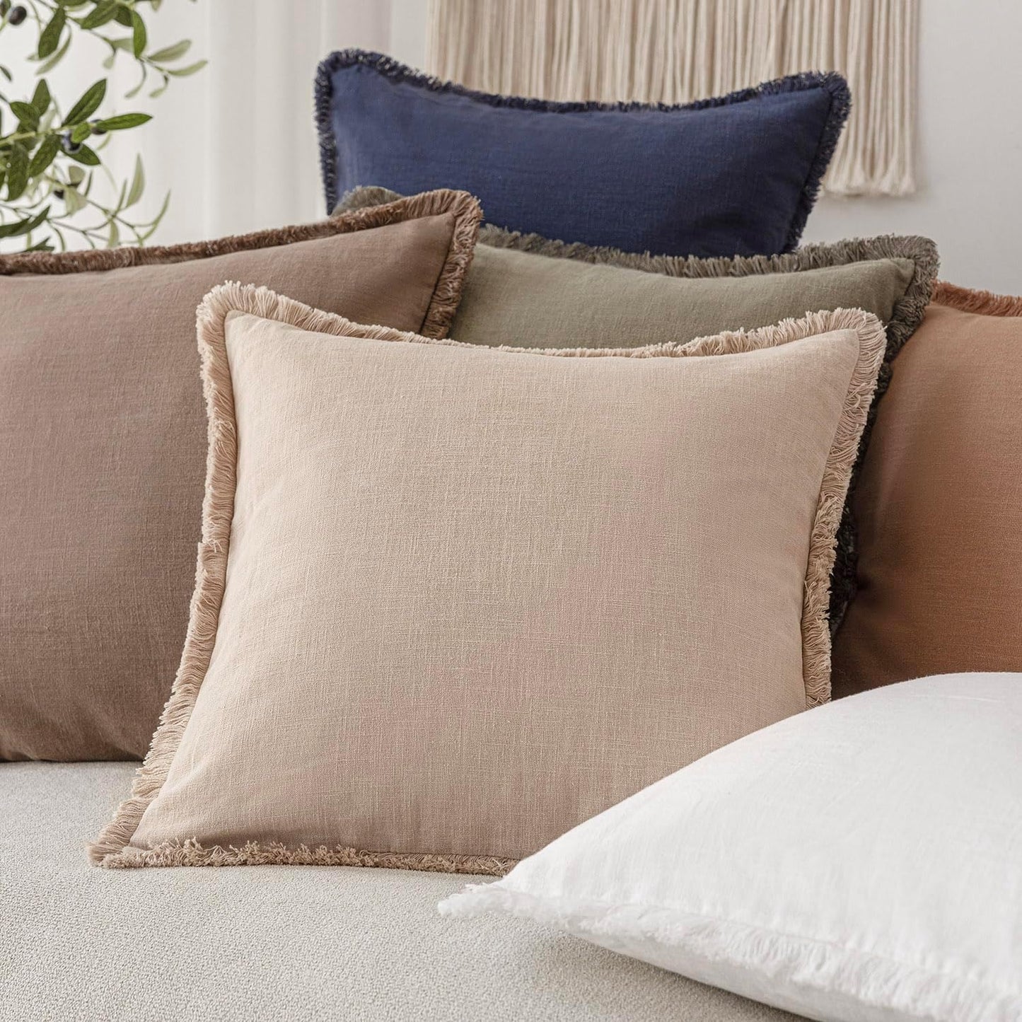 Foindtower Set of 2 Decorative Linen Fringe Throw Pillow Covers Boho Farmhouse Cushion Cover with Tassels Accent Pillowcase for Couch Chair Sofa Bed Living Room Home Decor,16×16 Inch,Tan Beige