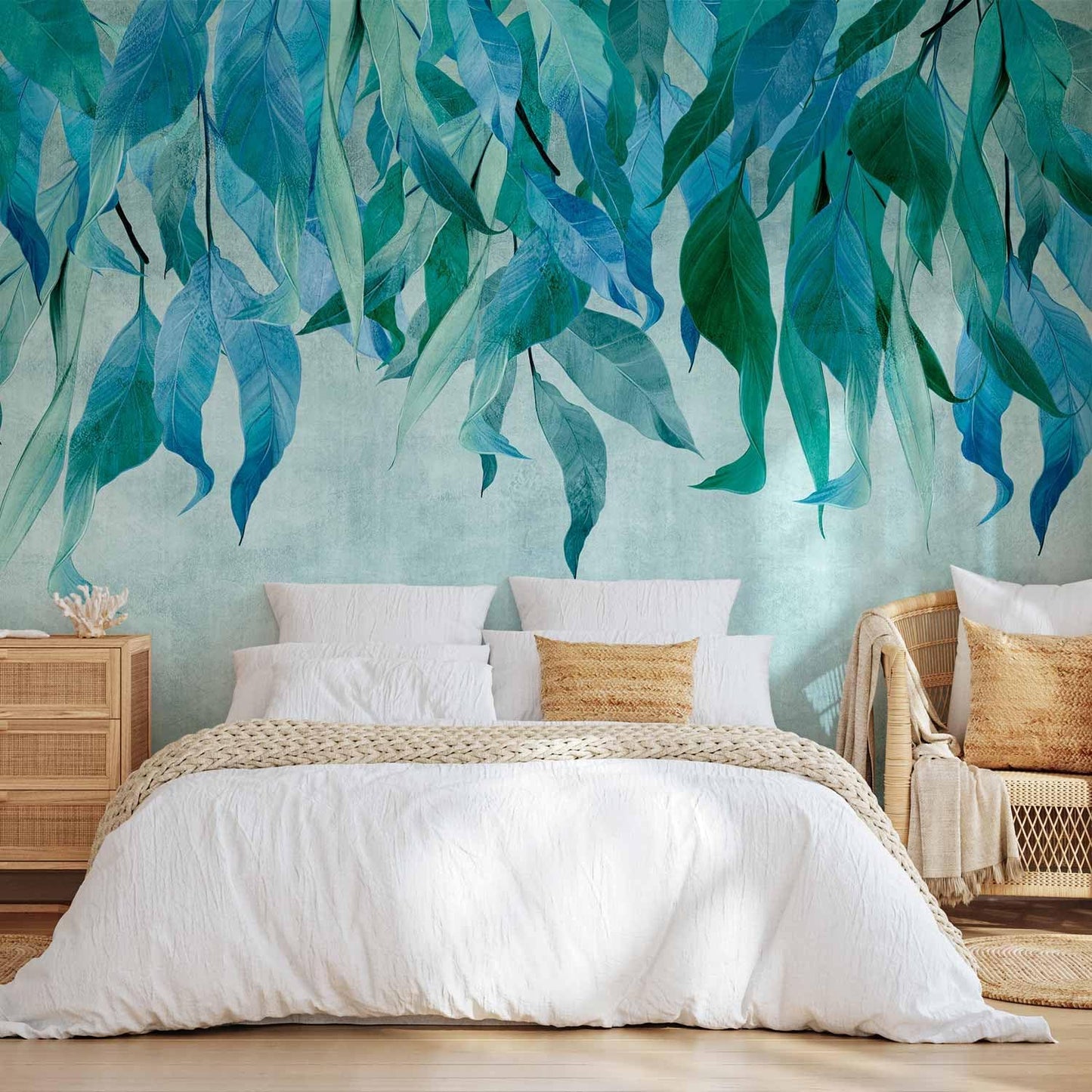 artgeist Premium Wall Mural Hanging Leaves 118x83 in - Non-Woven Wallpaper Fleece Wall Decor Photo Print Picture Image Design Nature Botanical Concrete Green Blue b-C-10146-a-b