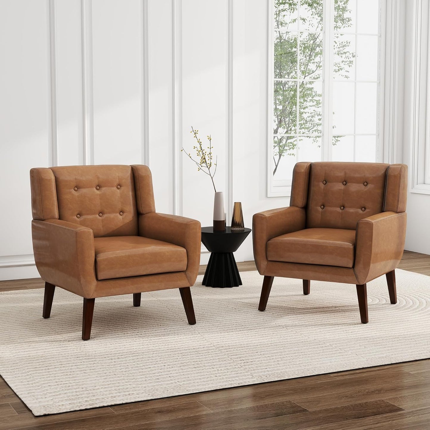 UIXE PU Leather Accent Chairs Set of 2, Modern Arm Club Chair Upholstered Armchair for Living Room, Comfy Single Sofa Seats Button Tufted Reading Seating, Brown