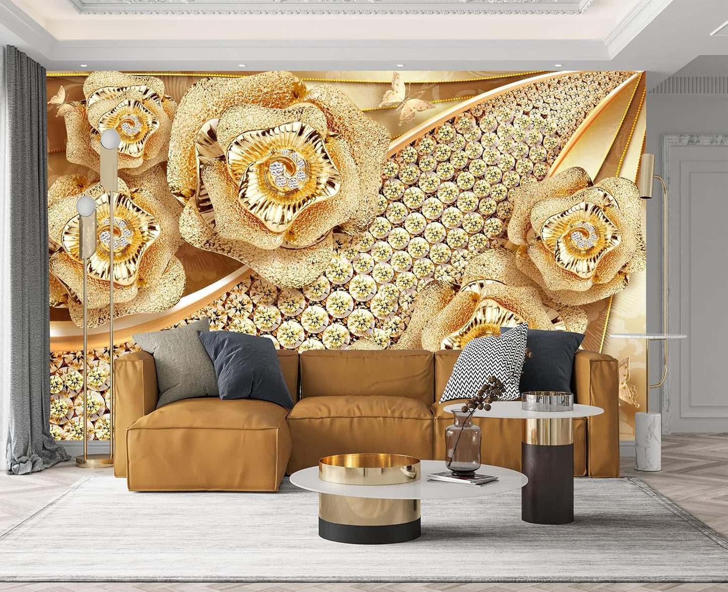 Golden Jewelry Diamond Rose Butterfly Wall Mural Wallpaper for Bedroom 137" x 100"