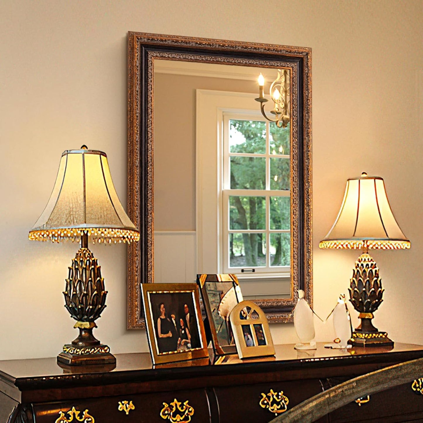 Antique Bronze Mirror 36.5" X 25", Bathroom Wall Mirror with Ornate Carvings Solid Wood Frame, Handmade Aging, for Vintage Living Room, Hallway and Bedroom