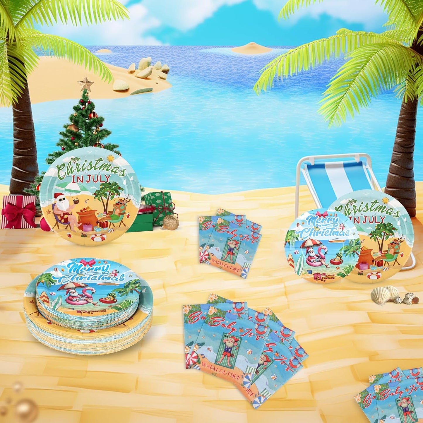 150Pcs Christmas in July Party Decorations Plates Napkins Summer Tropical Hawaiian Christmas Santa Beach Paper Plates for Christmas in July Beach Pool Party Supplies,Serves 50
