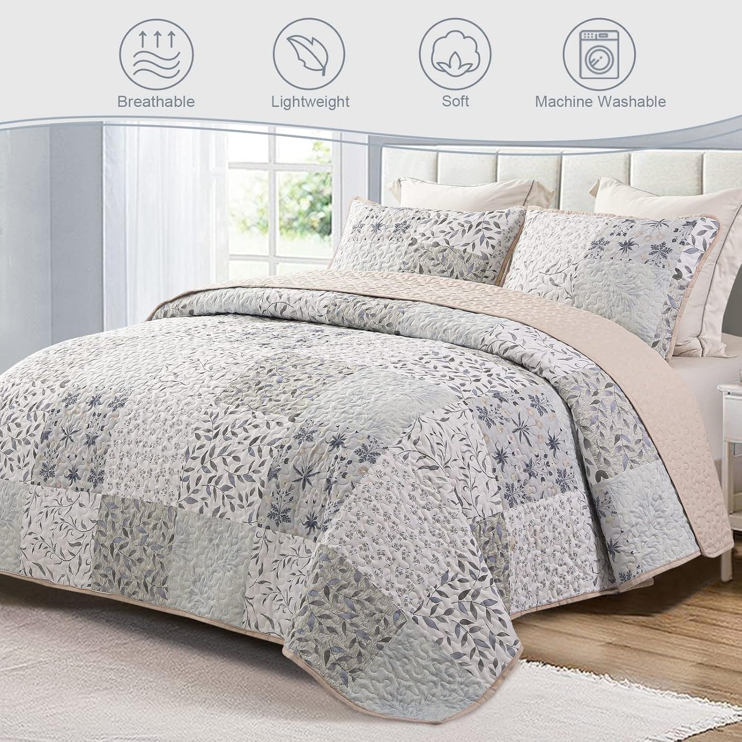 Exclusivo Mezcla Reversible Boho Quilt Set Twin Size, 2 Pieces Patchwork Gray All Season Bedspreads, Ultra Soft Floral Coverlet Bedding Set with Printed Pattern (1 Quilt, 1 Pillow Sham)