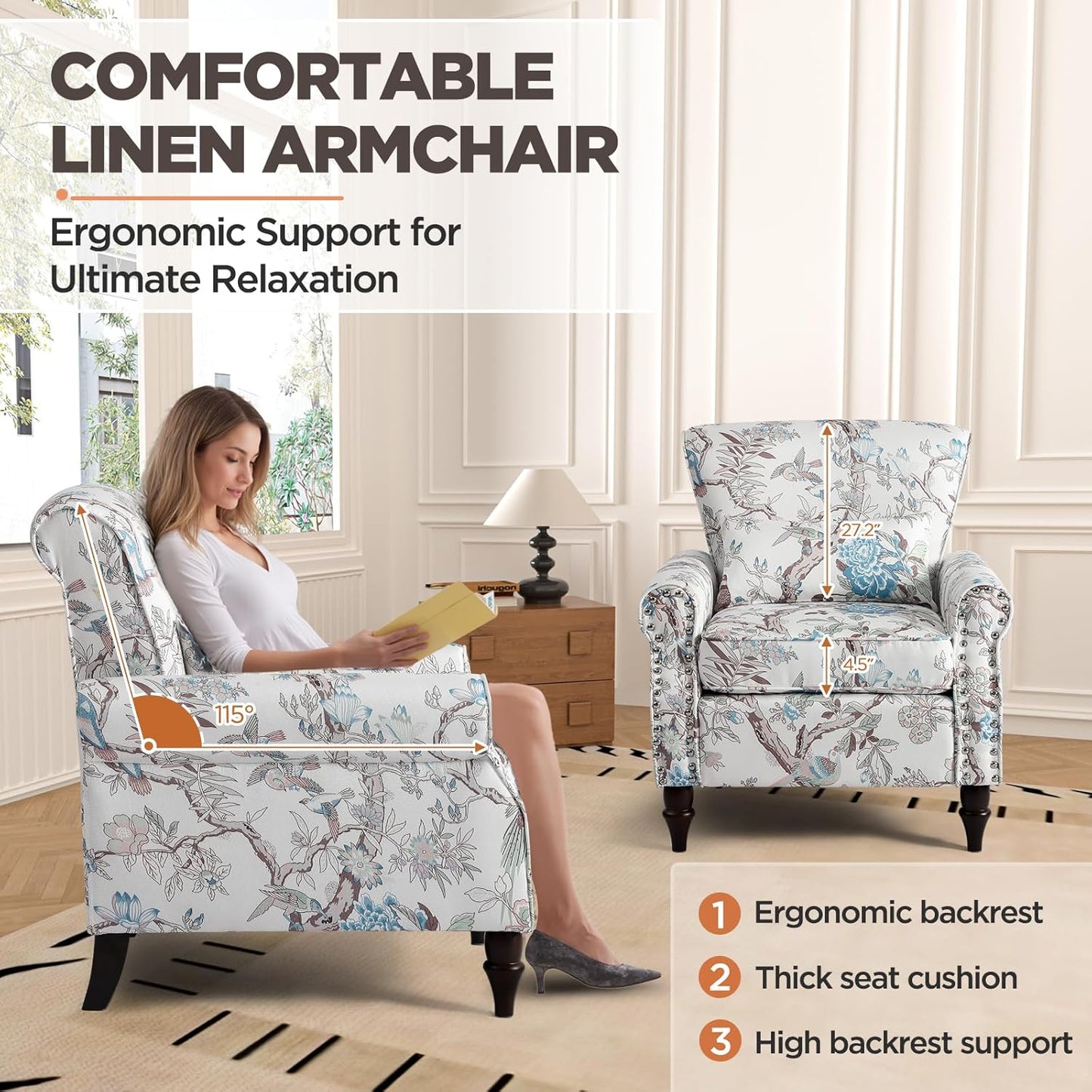 Wingback Accent Chair with Removable Pillow, High Back Floral Armchair with Solid Wood Legs & Nailhead Trim, Comfy Upholstered Reading Single Sofa Chair for Bedroom (1, Bird Floral Pattern)