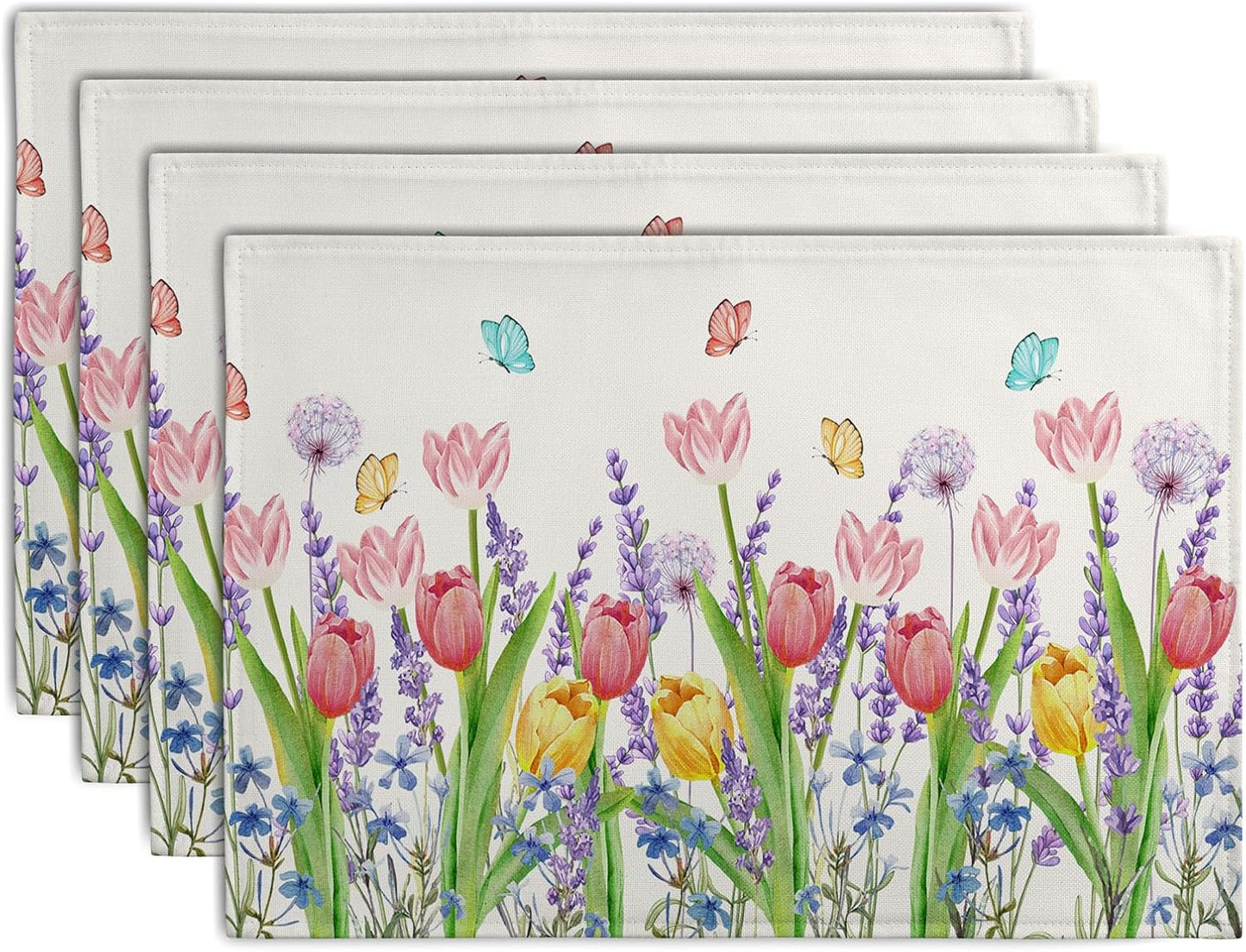 Tulip Placemats Set of 4 Spring Summer Flowers Tulips Lavender Place Mats Watercolor Floral Dandelion Butterfly Non-Slip Heat Resistant Washable Linen Table Mats for Dining Table Kitchen Decor