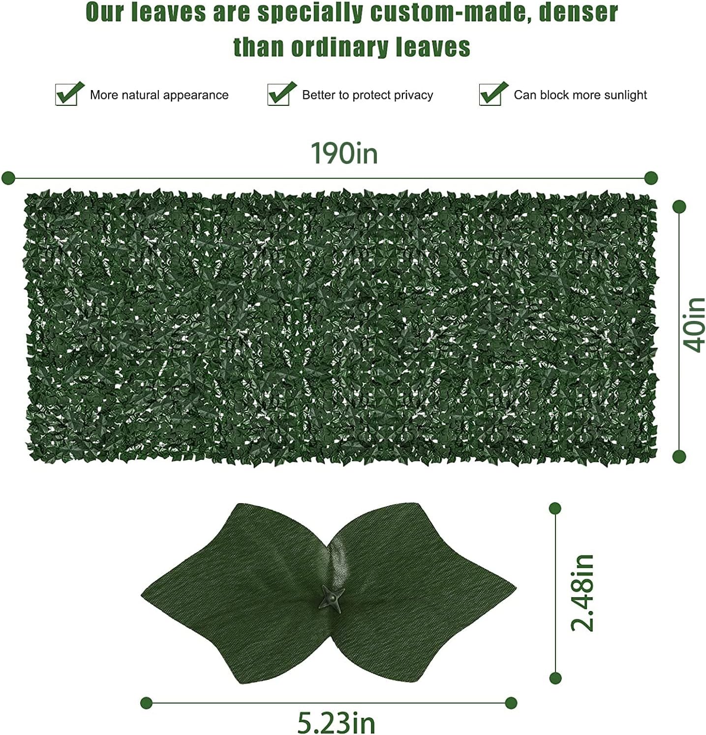 Faux Ivy Privacy Fence Screen Outdoor Expandable Artificial Greenery Roll Fake Hedge Wall Patio Green Plastic Leaf Plant Vine Grass Panels Gate Covering for Garden Yard Balcony (197 X 40 in)