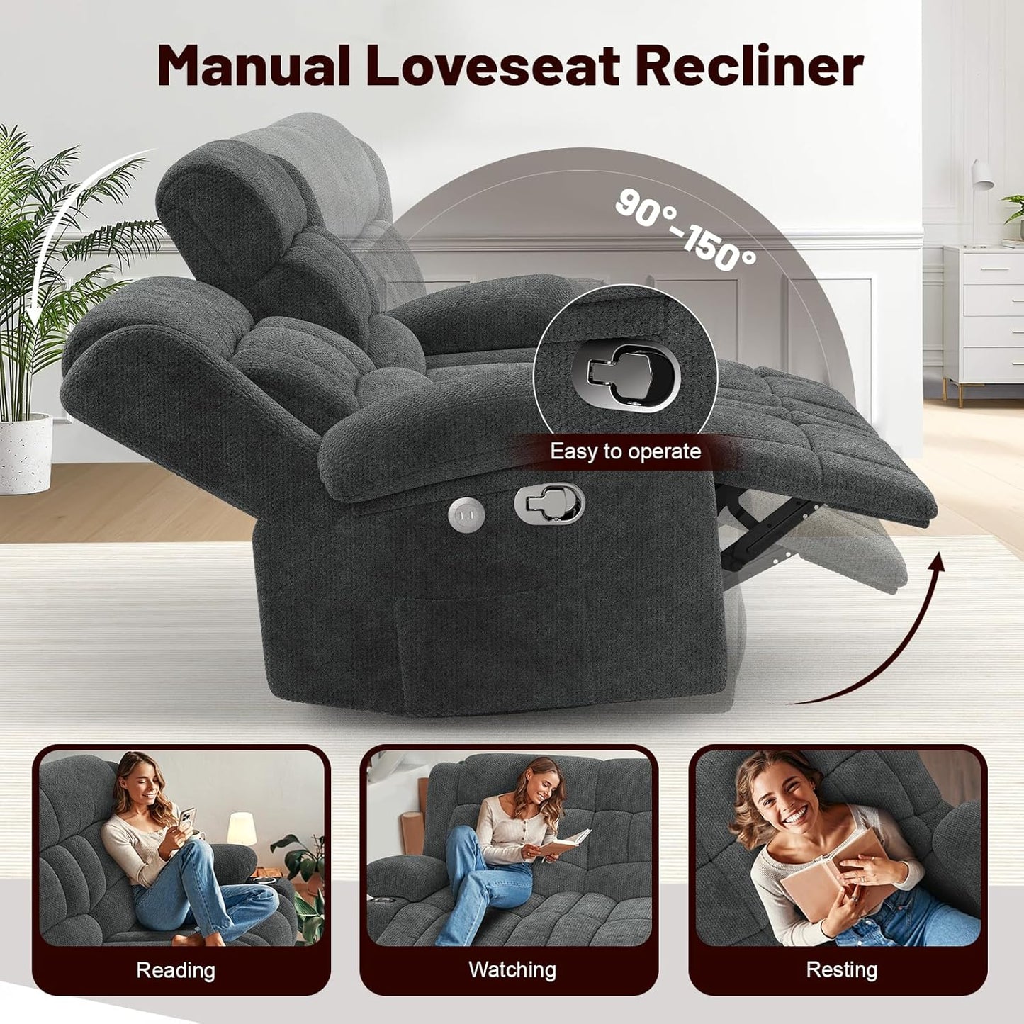 Loveseat Recliner Sofa Set with 2+1 Pieces, 2 Seater Minimalist Style Fabric Manual Pull Tab Reclining Loveseat with USB Charge Ports, Cup Holders, Recliner Couches for Living Room, RV, Gray