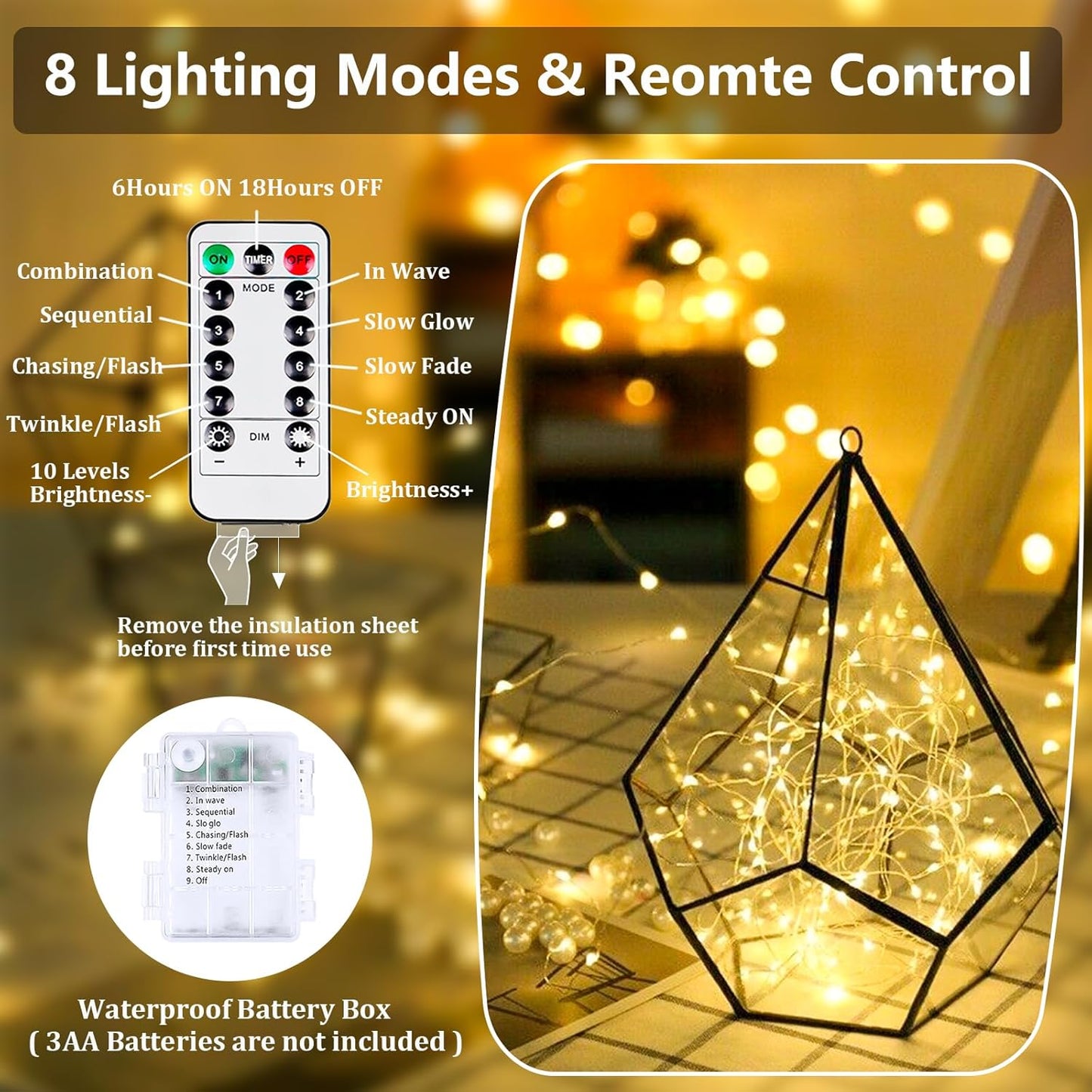 4-Pack Fairy Lights Battery Operated with Remote, Waterproof 33FT 100 LED Battery String Lights Outdoor Indoor, 8 Modes Twinkle Lights with Timer for Bedroom Classroom DIY Christmas Decor (Warm White)
