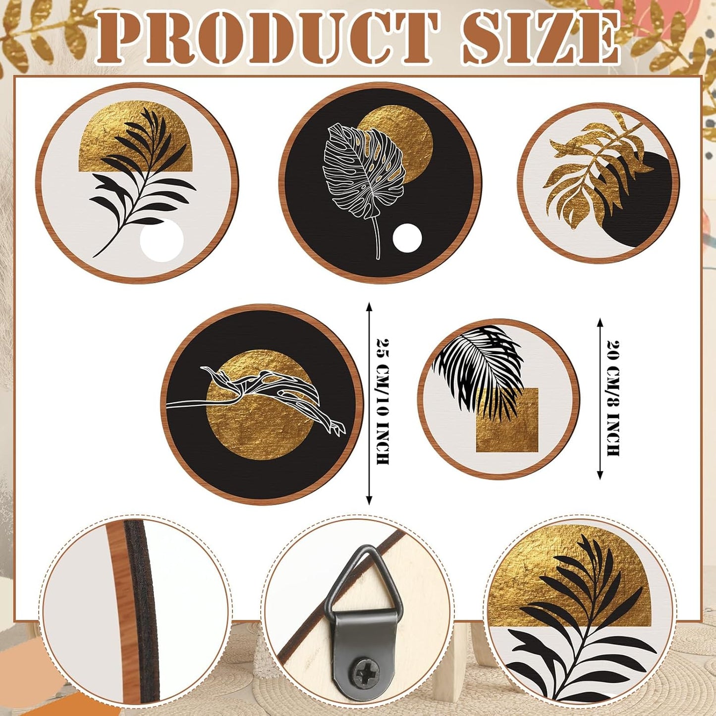 Qunclay 5 Pcs Wall Art Decor Wooden Living Room Wall Decor Bohemian Hanging Farmhouse Geometric 10'' and 8'' Aesthetic Wood Minimalist Posters for Bedroom(Rustic, Leaf)