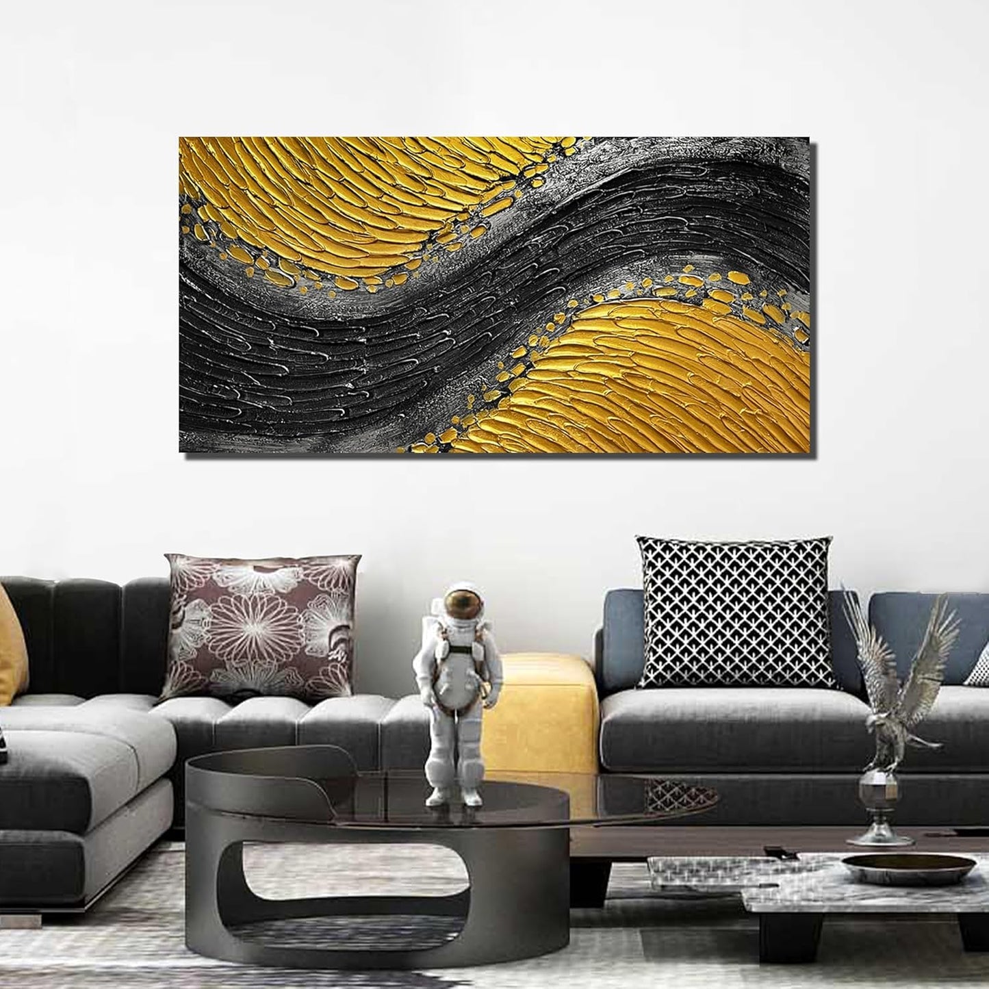 Abstract Hand Painted Wall Art for Office Black and Gold Canvas Wall Art for Bedroom Modern Wall Decor for Living Room Size 24 x 47 Inch