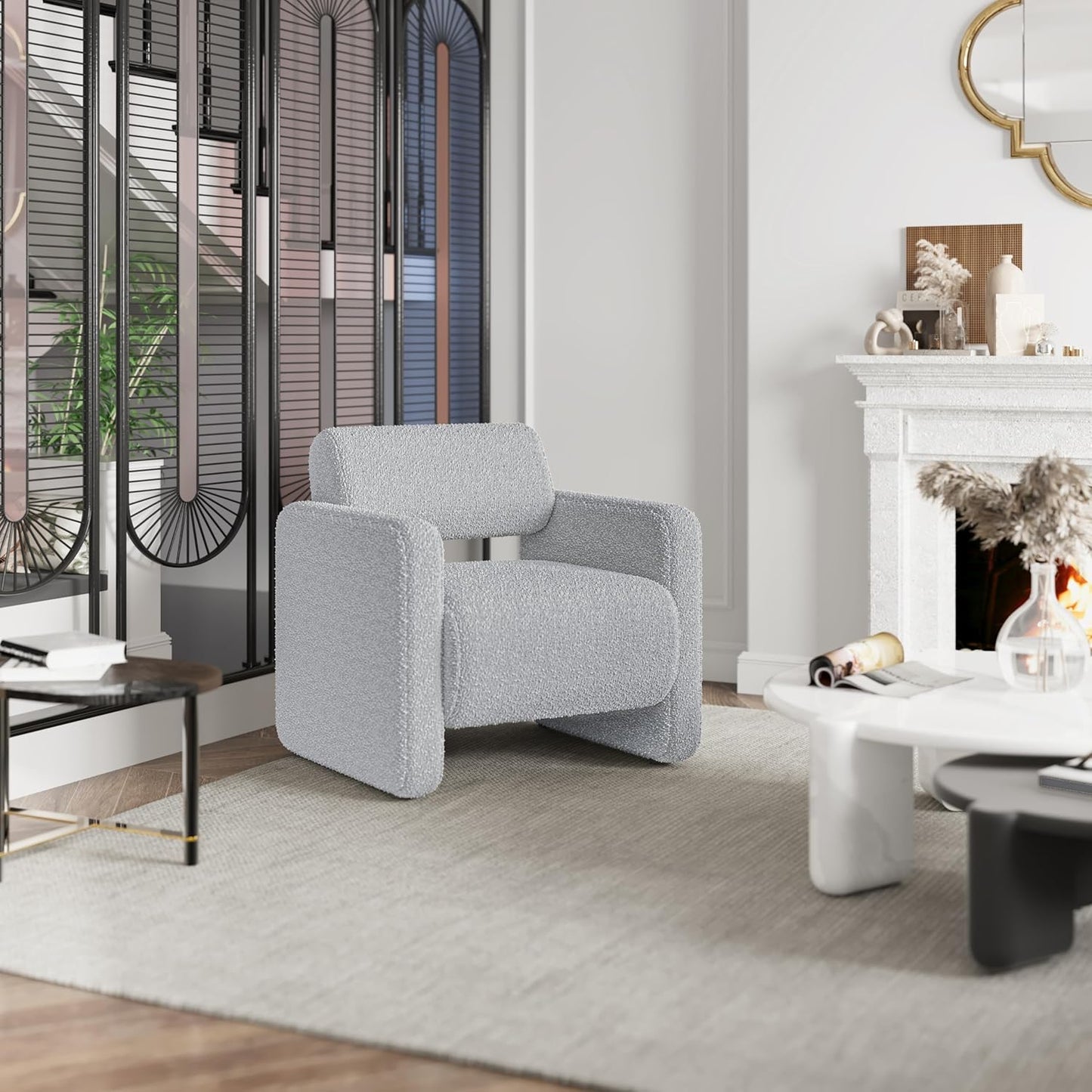 Accent Chair, Modern Boucle Fabric Armed Chair, Comfortable Single Sofa Chair for Living Room, Solid Wood Frame, Comfy Side Chair for Bedroom, Office, Reading(Grey)