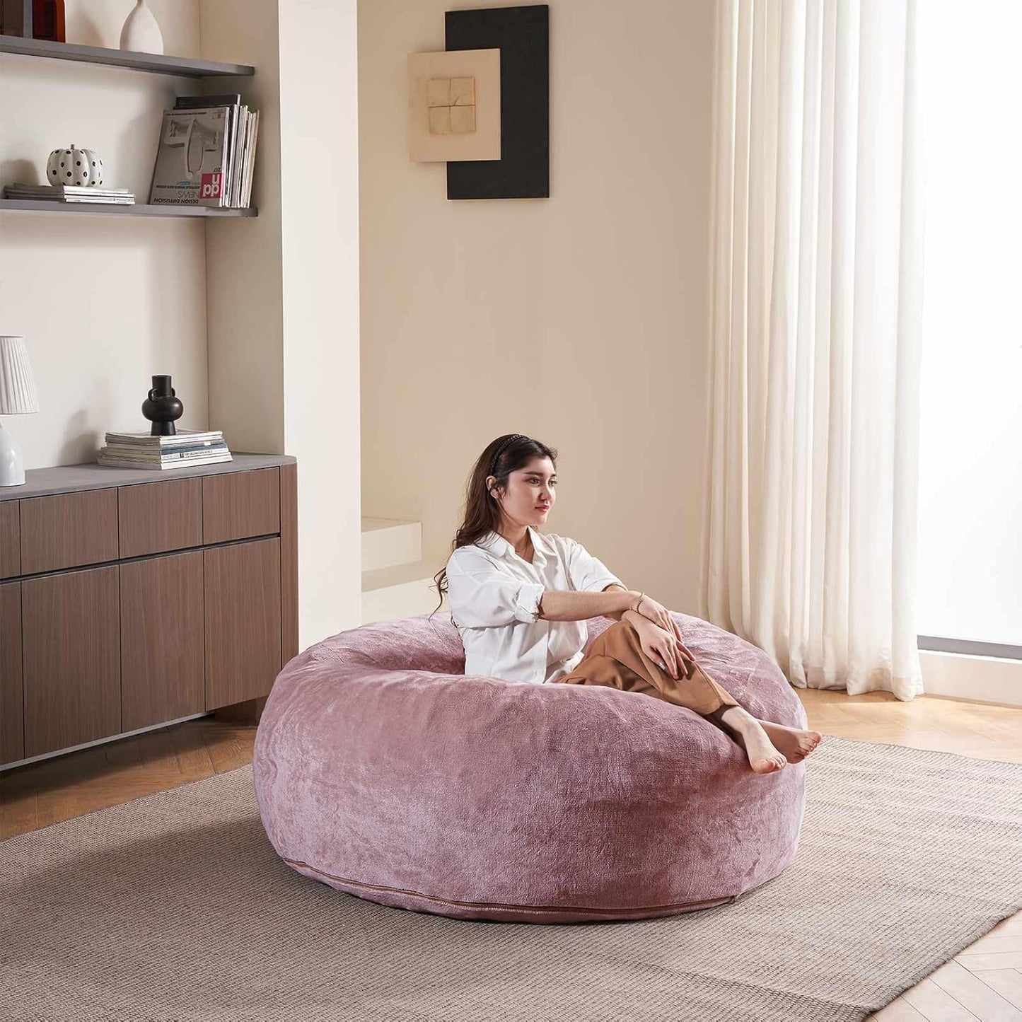 5FT，Big Bean Bag Chairs for Adults，Large beanbag with Filler Included，Memory Foam Material，Easy to Clean and Washable Corduroy Fabric，Suitable for Living Room and Bedroom (Pink, 5 Foot)