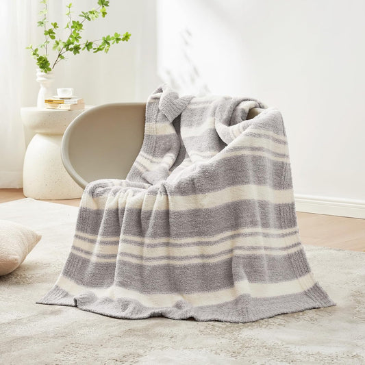 Snuggle Sac Grey Stripe Knitted Throw Blanket for Couch, Reversible Super Soft Warm Blankets Cozy Knit Fuzzy Plush Lightweight Throws for Sofa, Bed, Stripe Grey, 50 x 60 inches