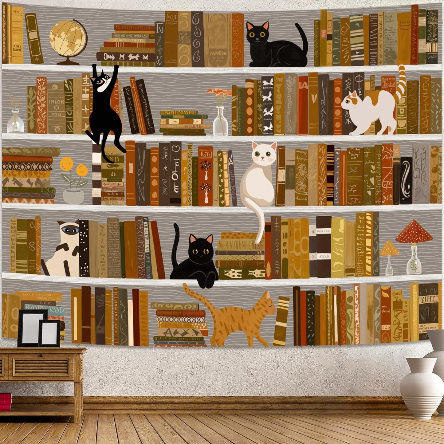Accnicc Cat Bookshelf Tapestry Black White Cute Cats Book Shelf Tapestries Wall Hanging Art Vintage Retro Academics Library Tapestry for Bedroom Living Room Dorm 60 x 44 inch