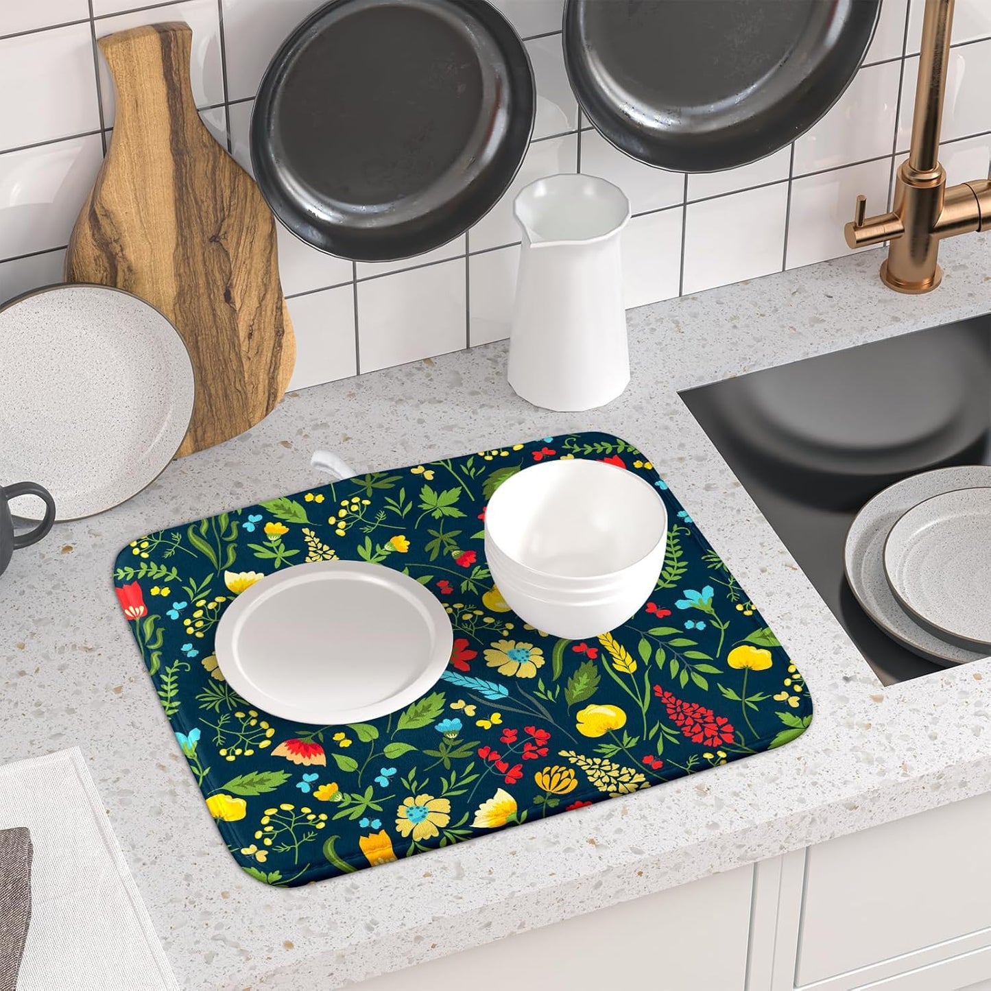 Floral Dish Drying Mat for Kitchen Counter Cute FLowers Seasonal Absorbent Reversible Microfiber Kitchen Countertop Protector Dishes Pad Small 16x18 inch